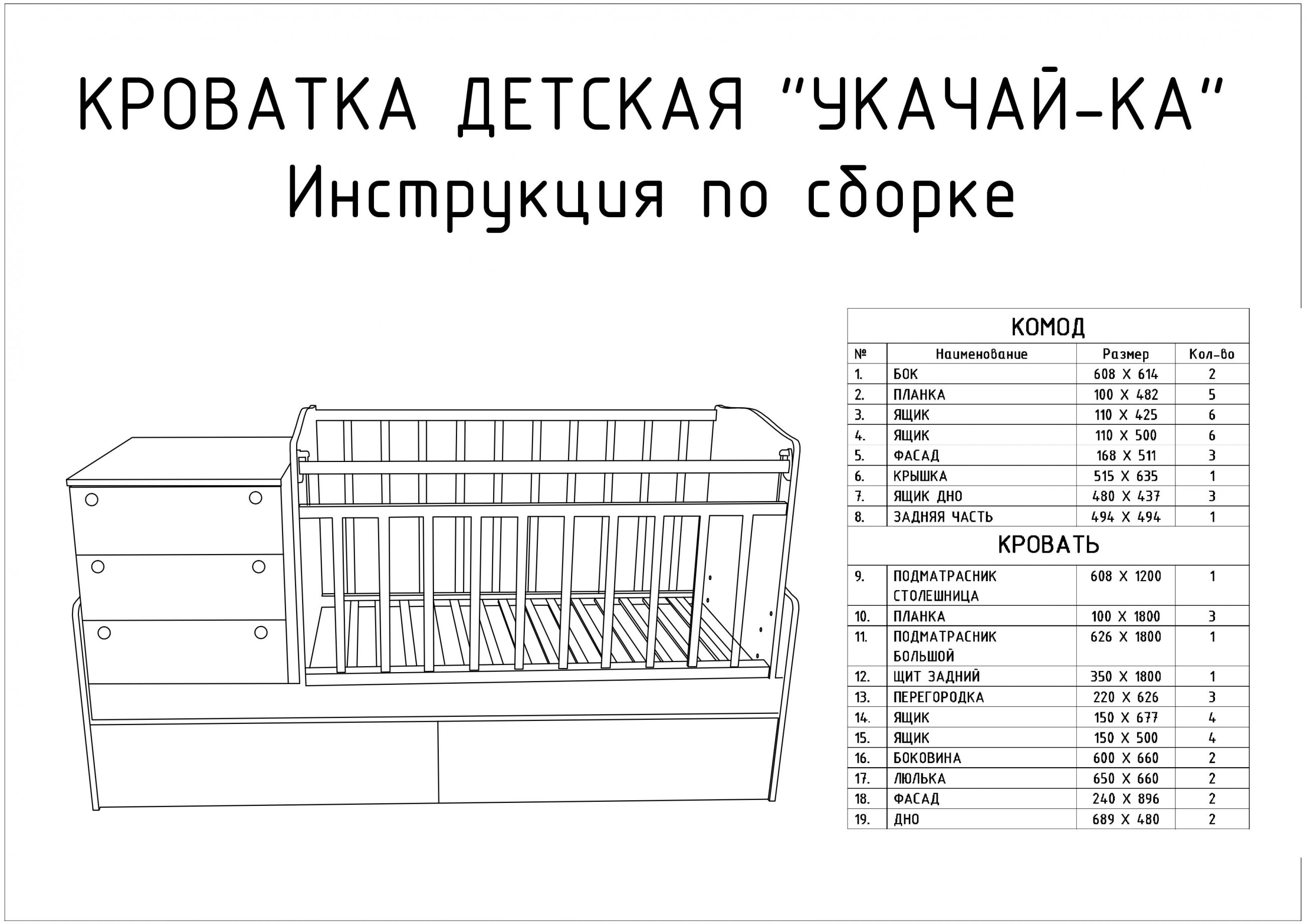 Схема сборки детской кроватки с маятником и ящиком трансформер